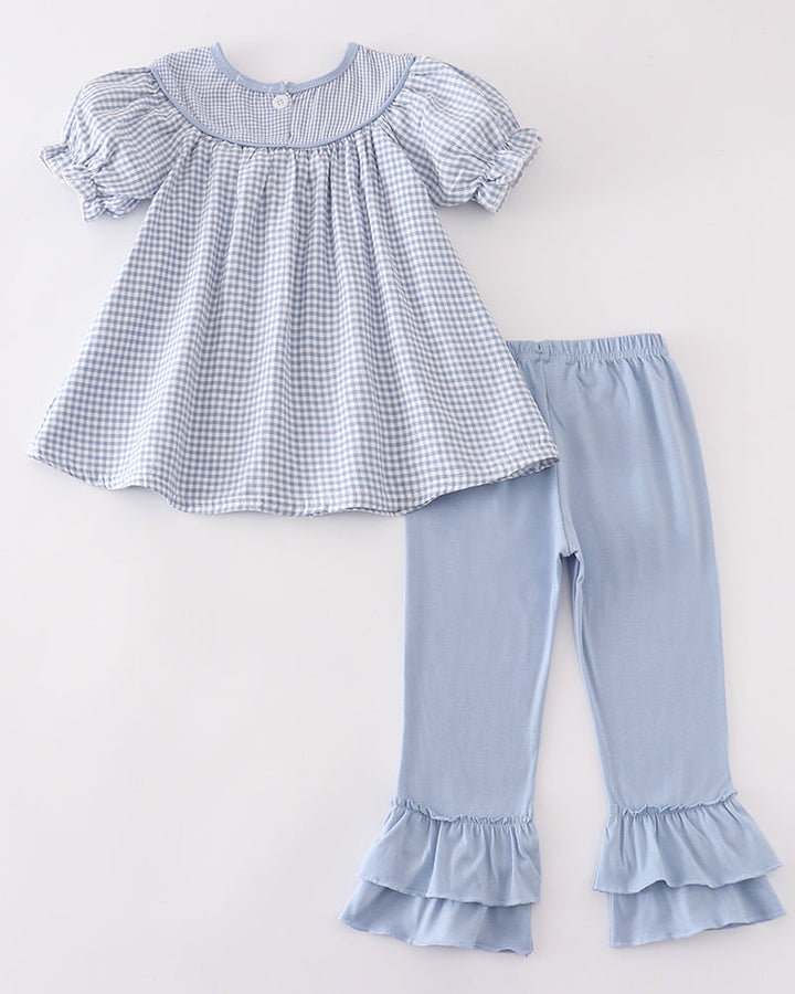 Blue gingham ruffle top and light blue ruffle pants set