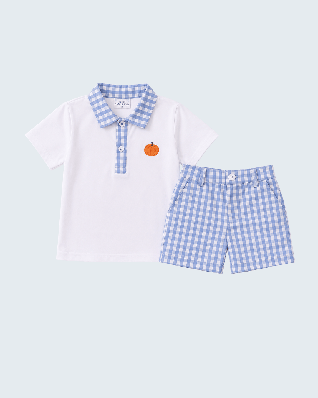 White polo shirt with blue check collar and gingham shorts set