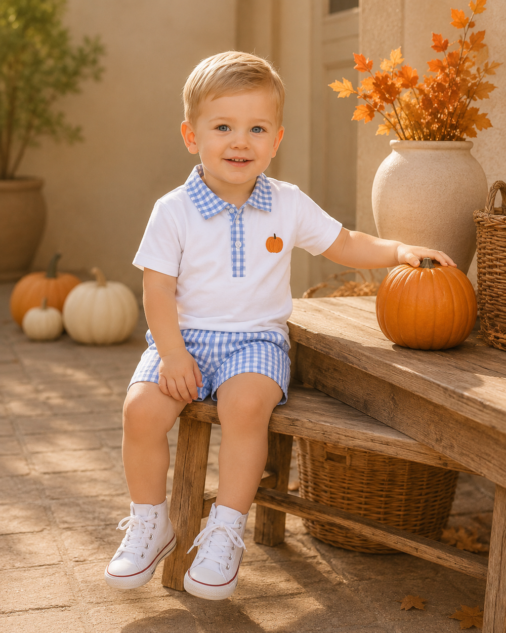 Toddler boy wearing white polo shirt with gingham shorts and orange pumpkin patch
