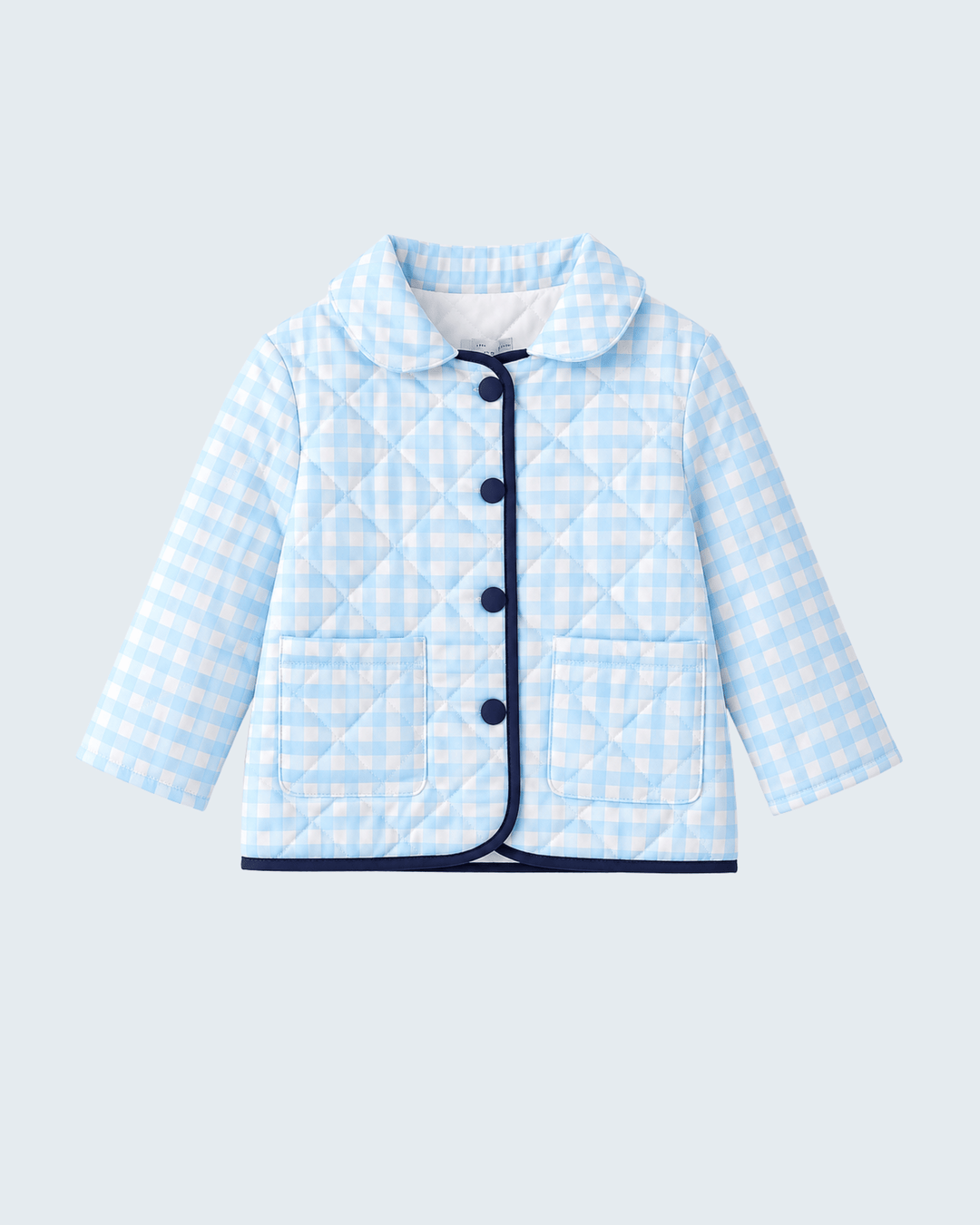 Light blue gingham quilted jacket with ruffle collar and black button front