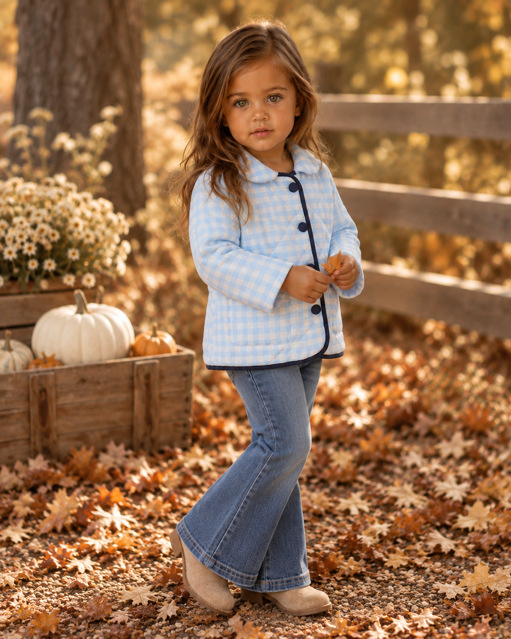 Child wearing light blue gingham quilted ruffle-collar jacket with black buttons