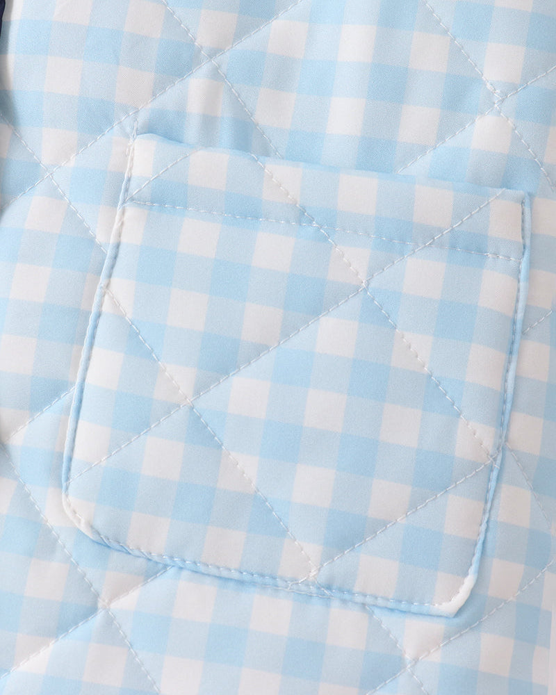 Light blue gingham jacket chest pocket with stitched border and flap