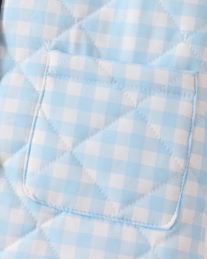 Light blue gingham jacket chest pocket with stitched border and flap