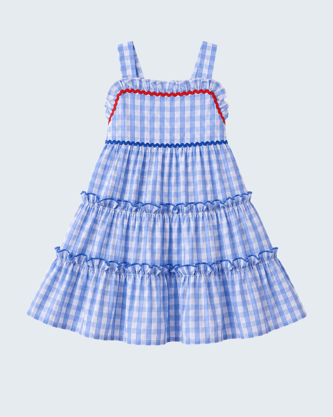 Blue checkered dress with red trim on a light blue background