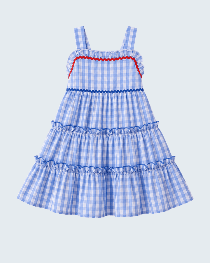 Blue checkered dress with red trim on a light blue background