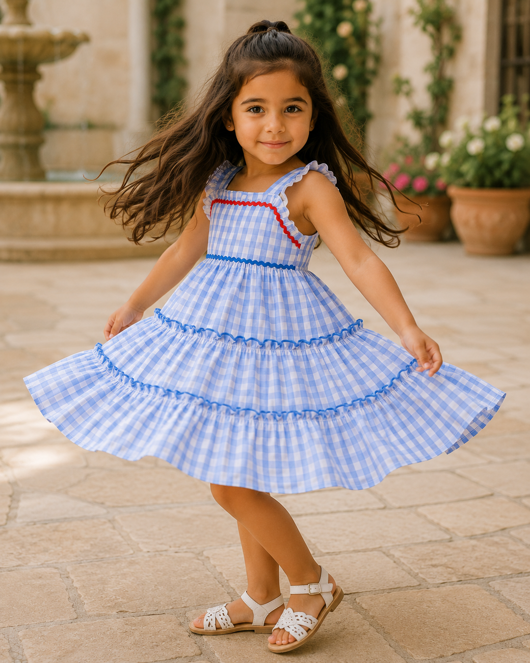 Young girl in a blue checkered dress standing outdoors on a stone patio.