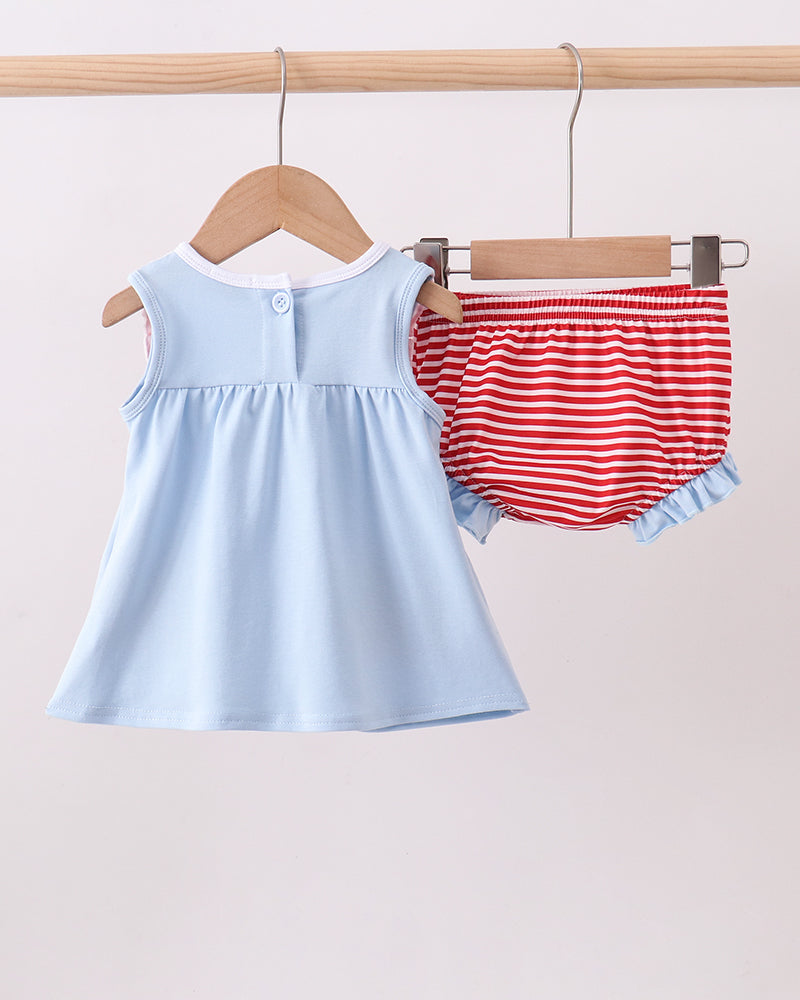 Blue God Bless America Flag French Knot Ruffle Bloomer Set hanging up