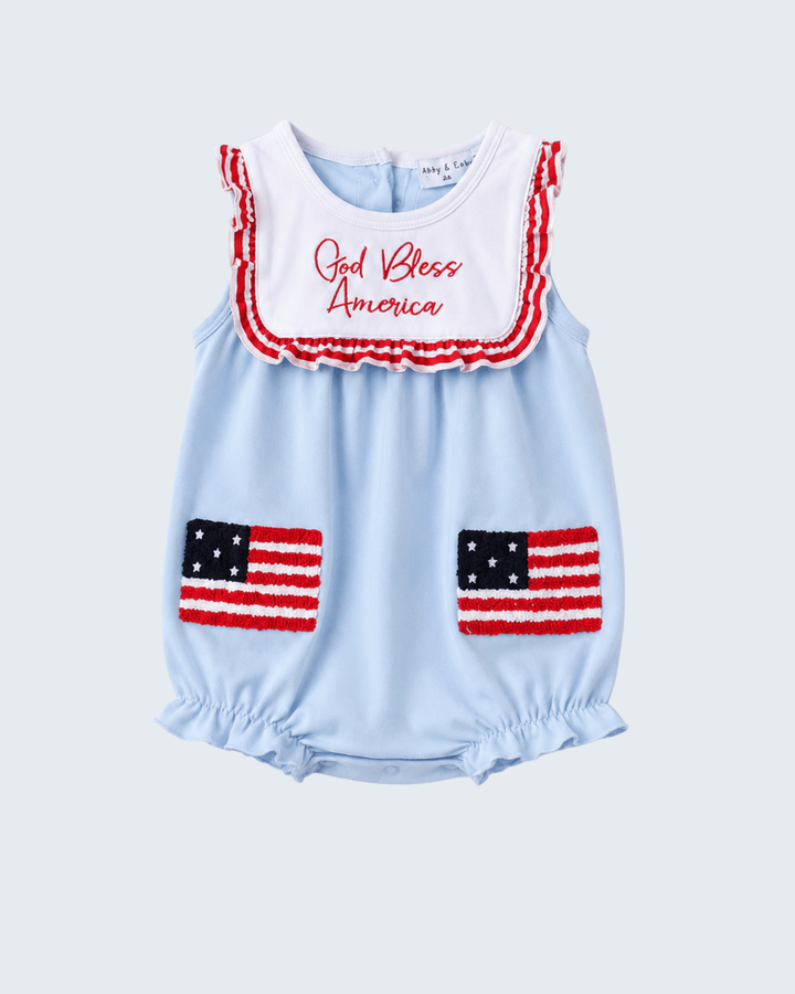 Blue God Bless America Flag French Knot Ruffle Bubble for baby girls