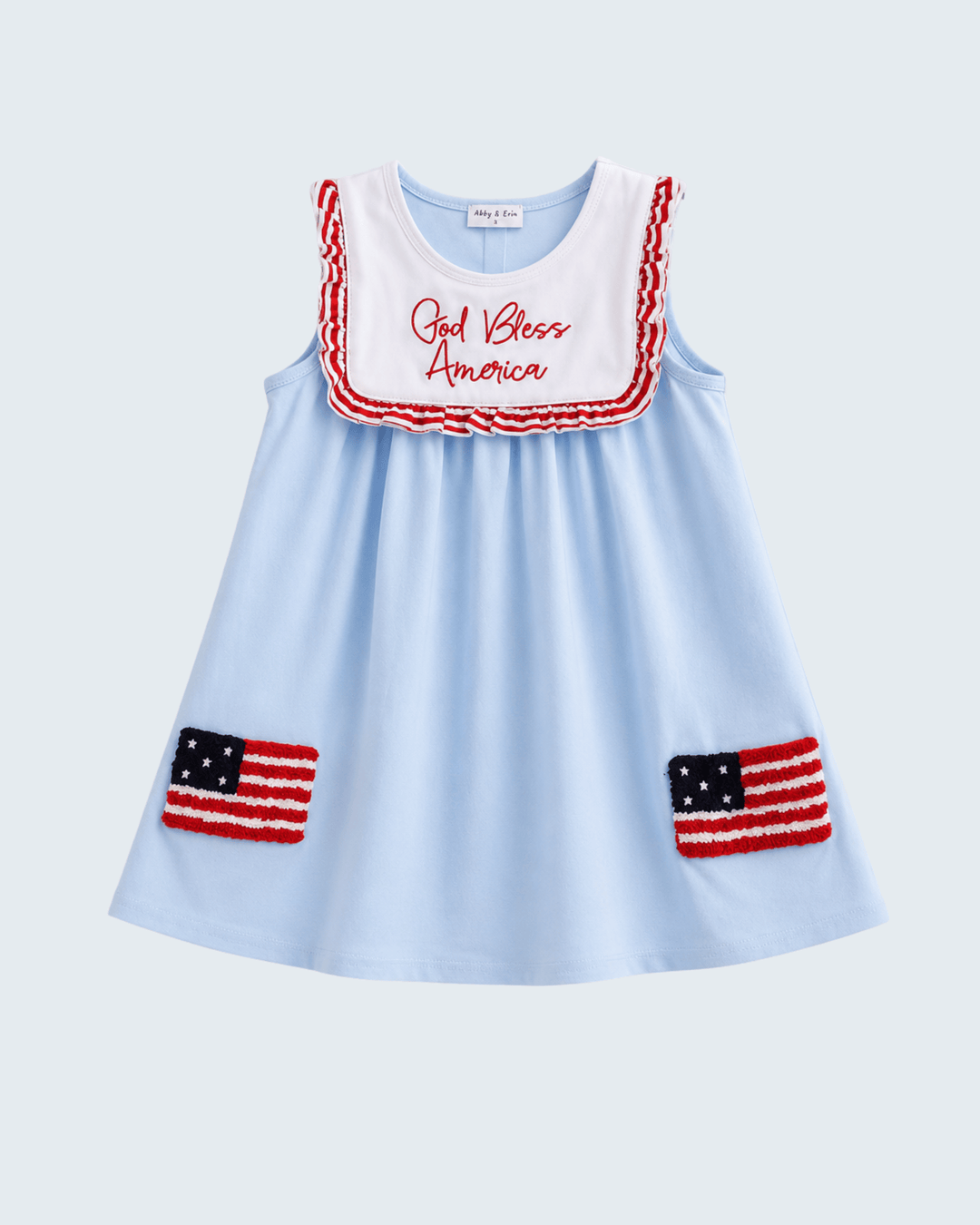 Light blue dress with red, white, and blue accents on a light gray background