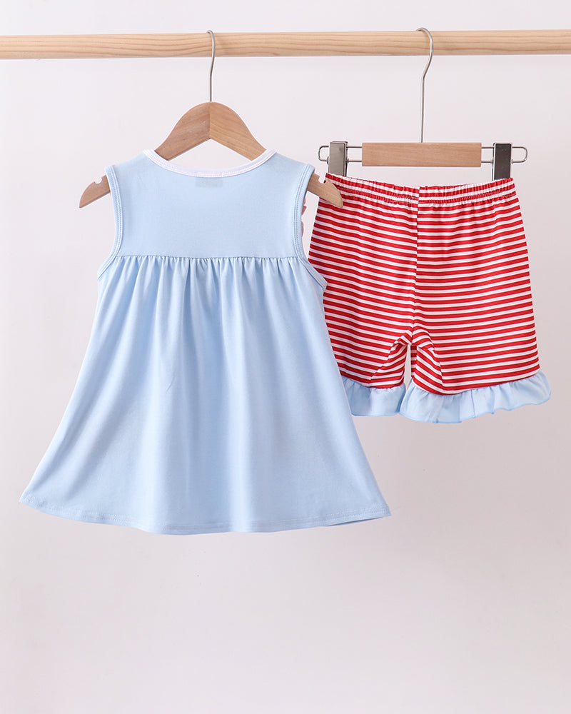 Blue God Bless America Flag French Knot Ruffle Shorts Set for girls
