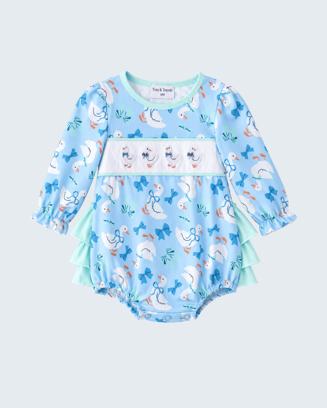 Light blue goose print ruffle bubble romper with embroidered panel and long sleeves