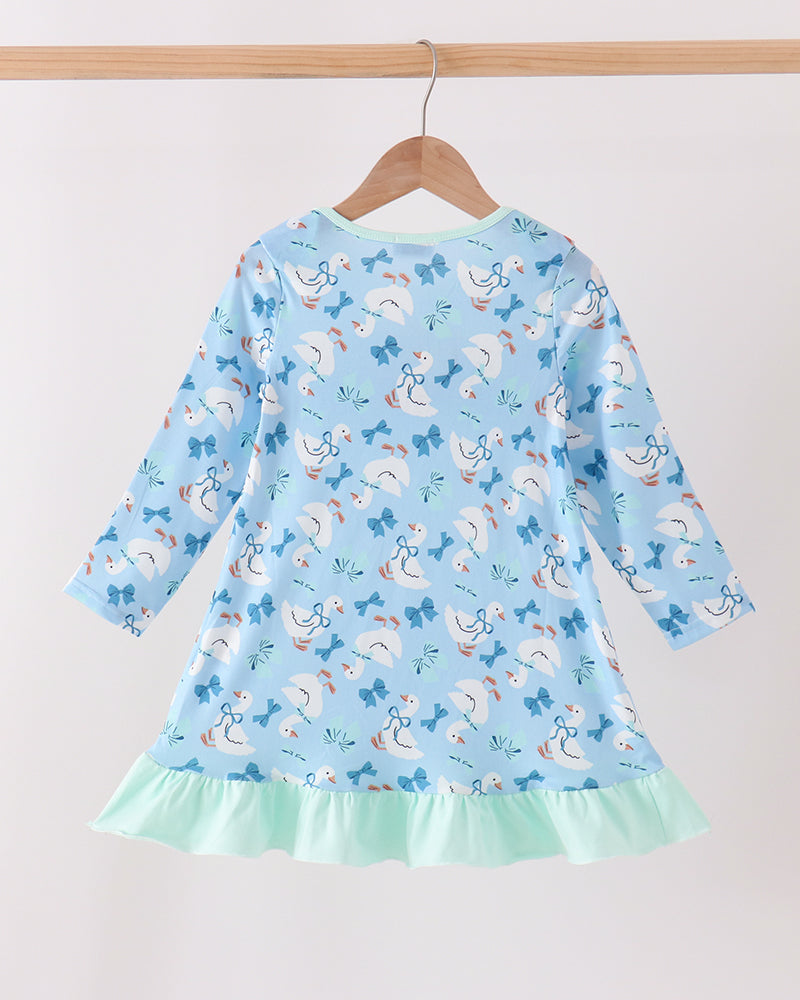 Light blue long-sleeve dress with goose-and-bow print and mint ruffle hem