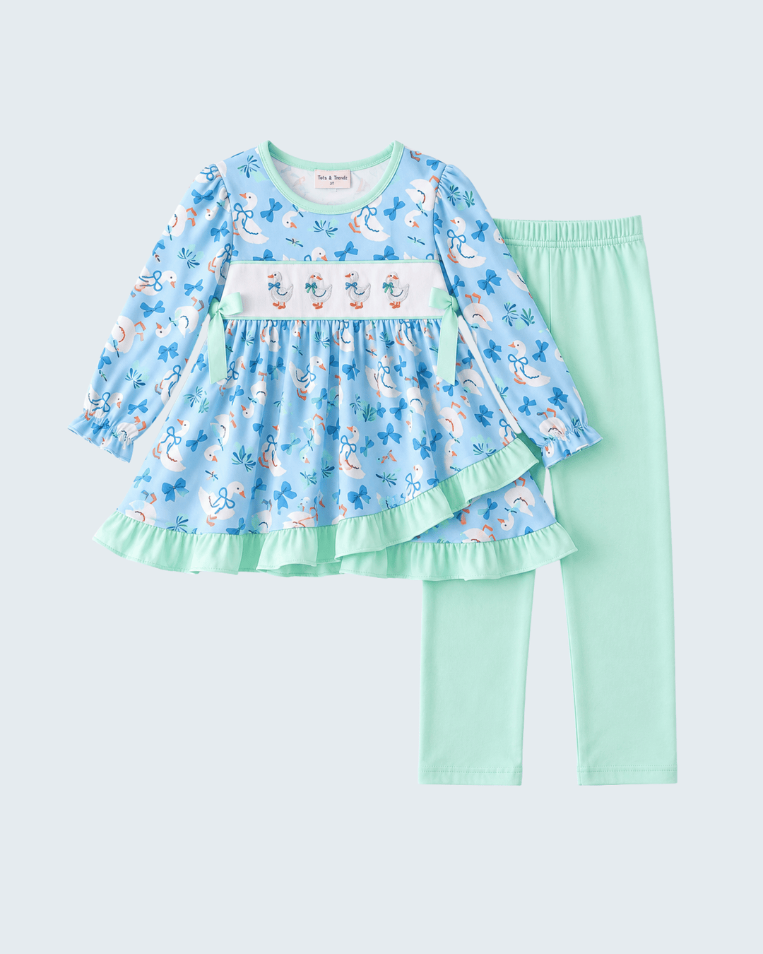 Light blue printed ruffle top with matching mint pants set