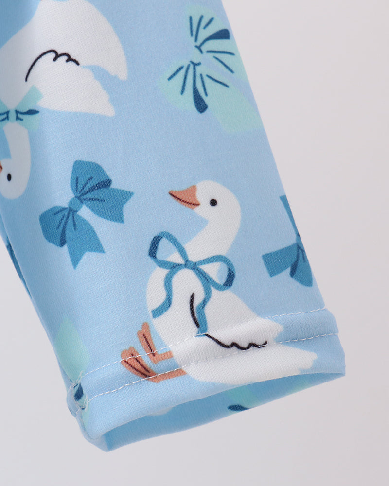Blue baby romper with goose prints, blue bow embroidery, and ruffle leg cuffs.