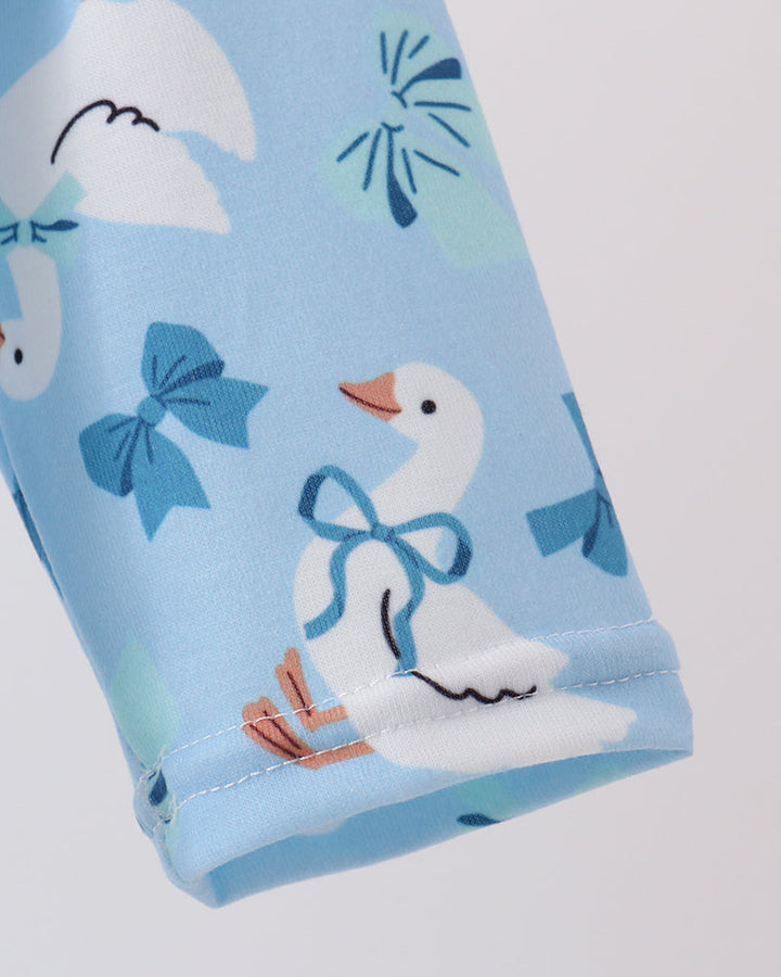 Blue baby romper with goose prints, blue bow embroidery, and ruffle leg cuffs.