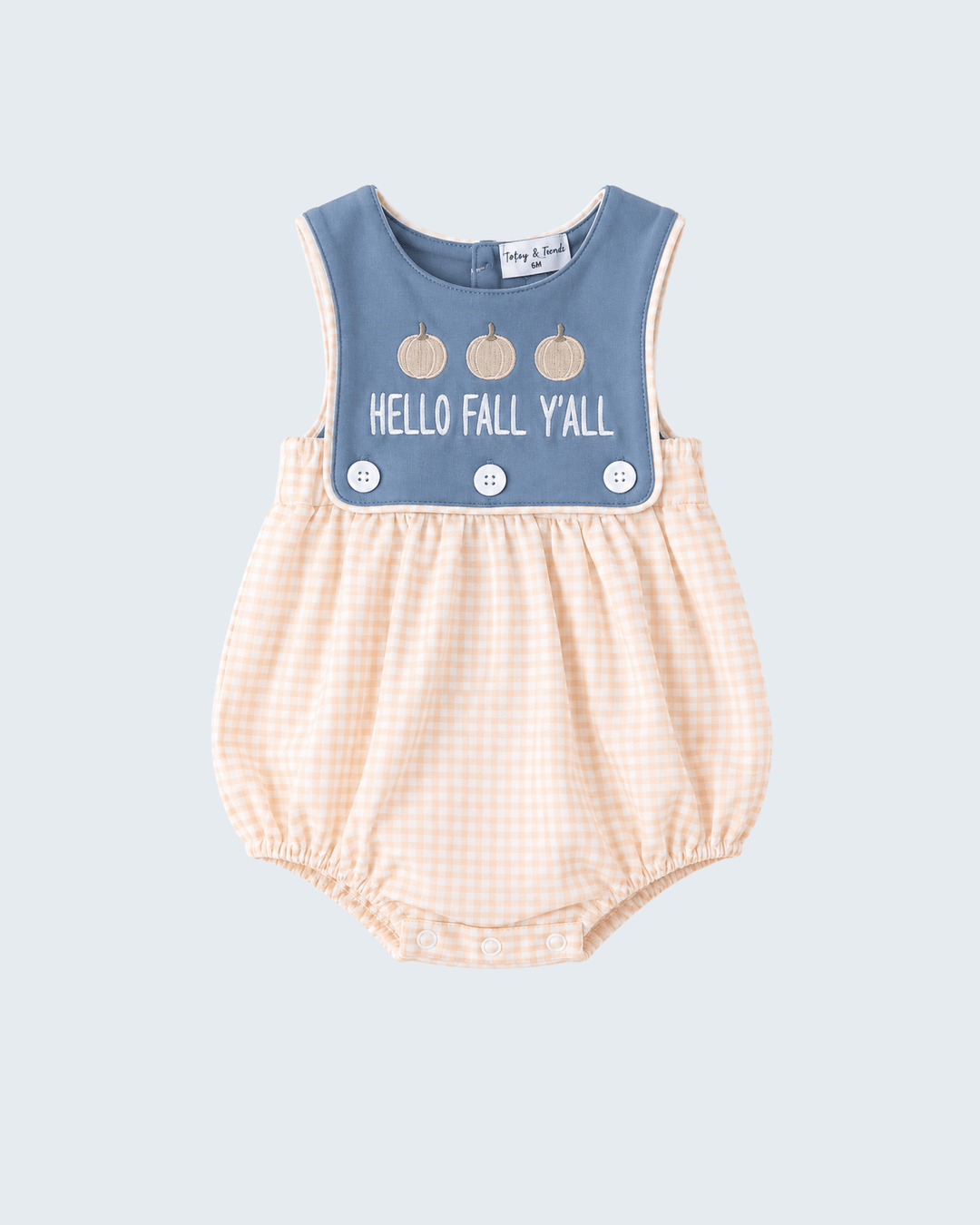 Baby sleeveless romper with a dusty blue bib-style top and peach-and-white gingham bubble pants, featuring &