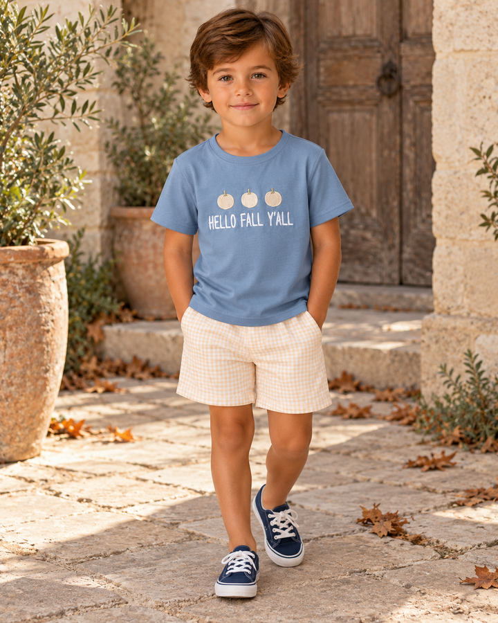 A young boy stands outdoors in front of a rustic stone door and potted plants, wearing a light blue graphic T-shirt that reads &