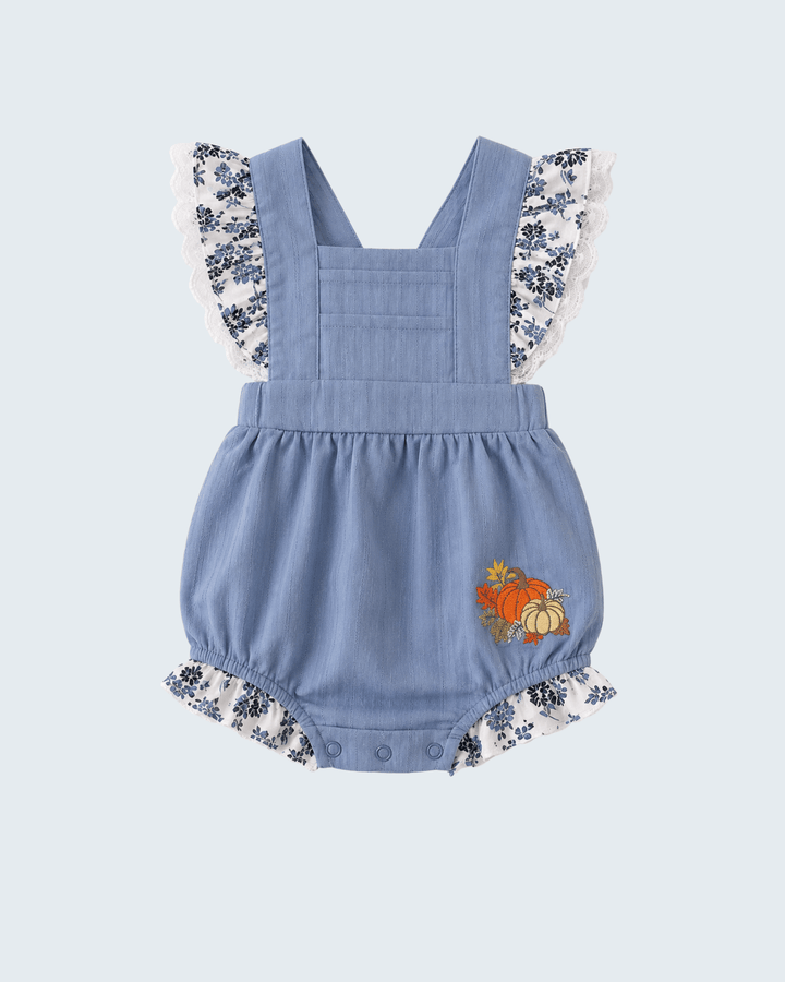 Light blue pumpkin embroidered bubble romper with ruffled sleeves and snap legs