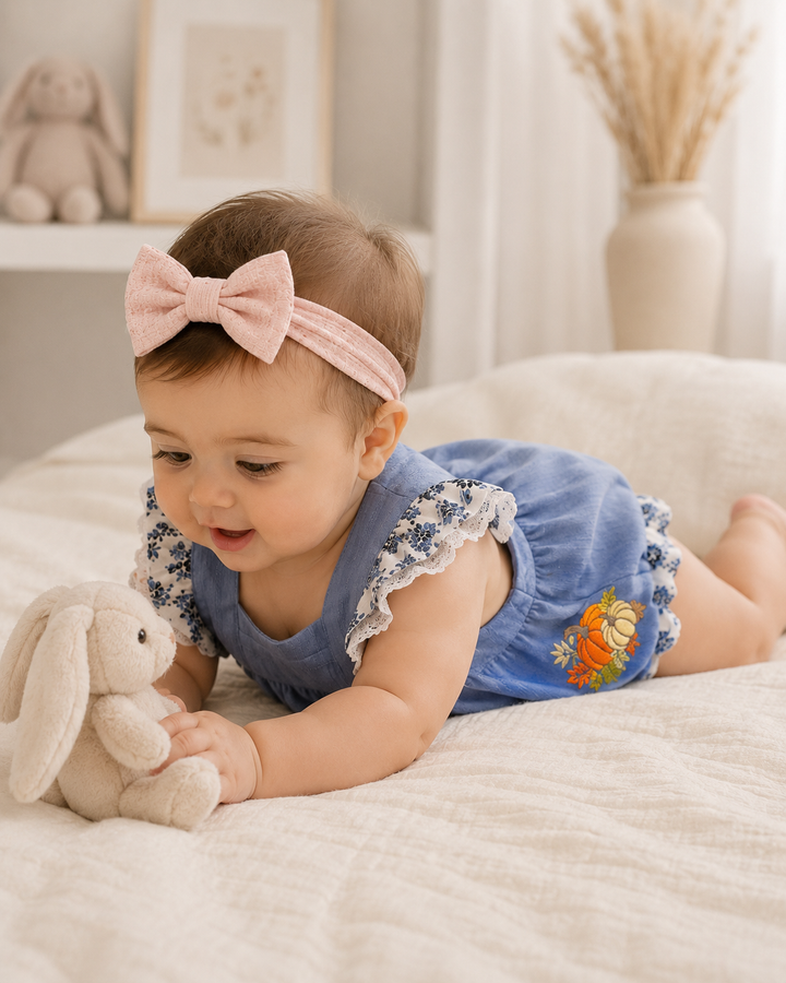 Baby wearing light blue pumpkin embroidered bubble romper with ruffled sleeves