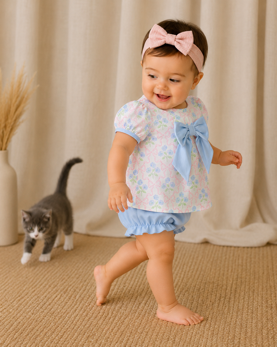 Baby in a floral top and blue bloomers standing on a carpeted floor with a cat in the background.
