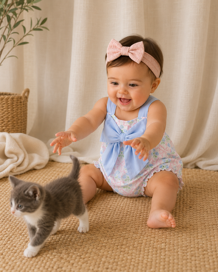 Baby in a floral romper with a pink headband interacting with a gray kitten on a textured surface.