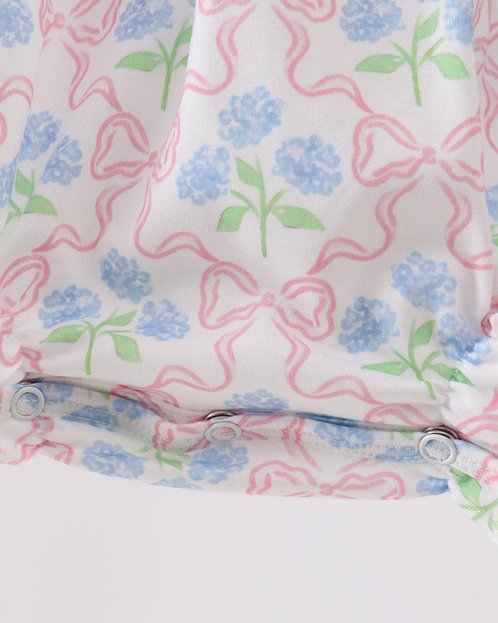 Close-up of a fabric with pink bows and blue flowers on a white background