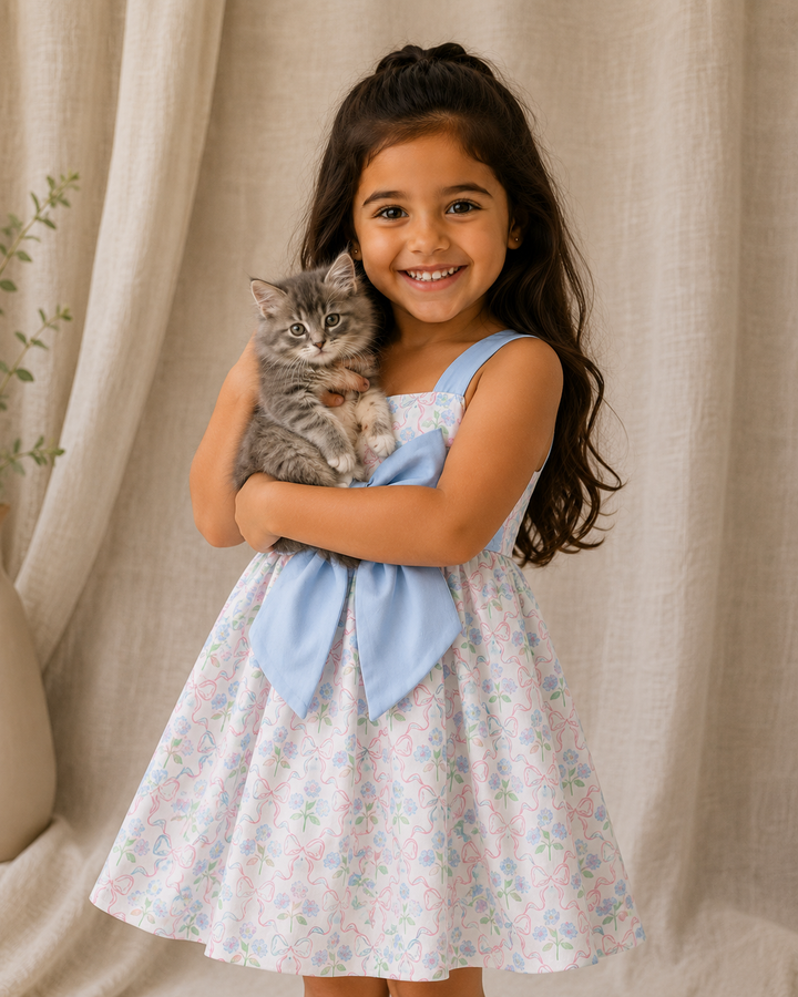 Young girl in a floral dress holding a kitten against a beige curtain background