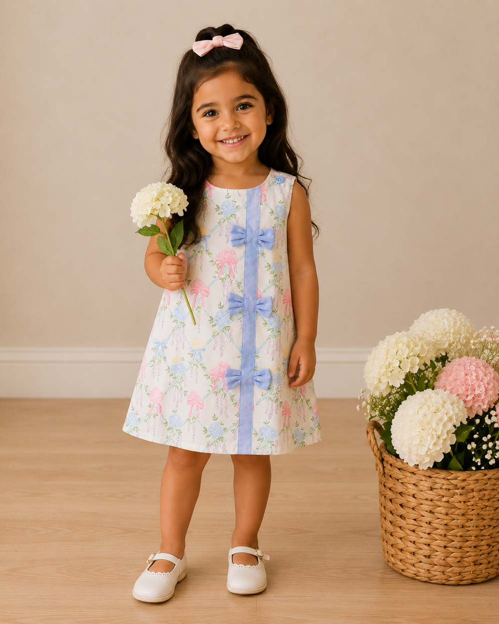 Young girl in a floral dress holding flowers next to a basket of flowers on a wooden floor.