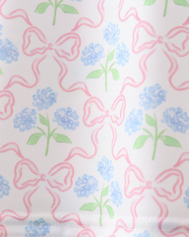 Fabric with pink bows and blue flowers on a white background