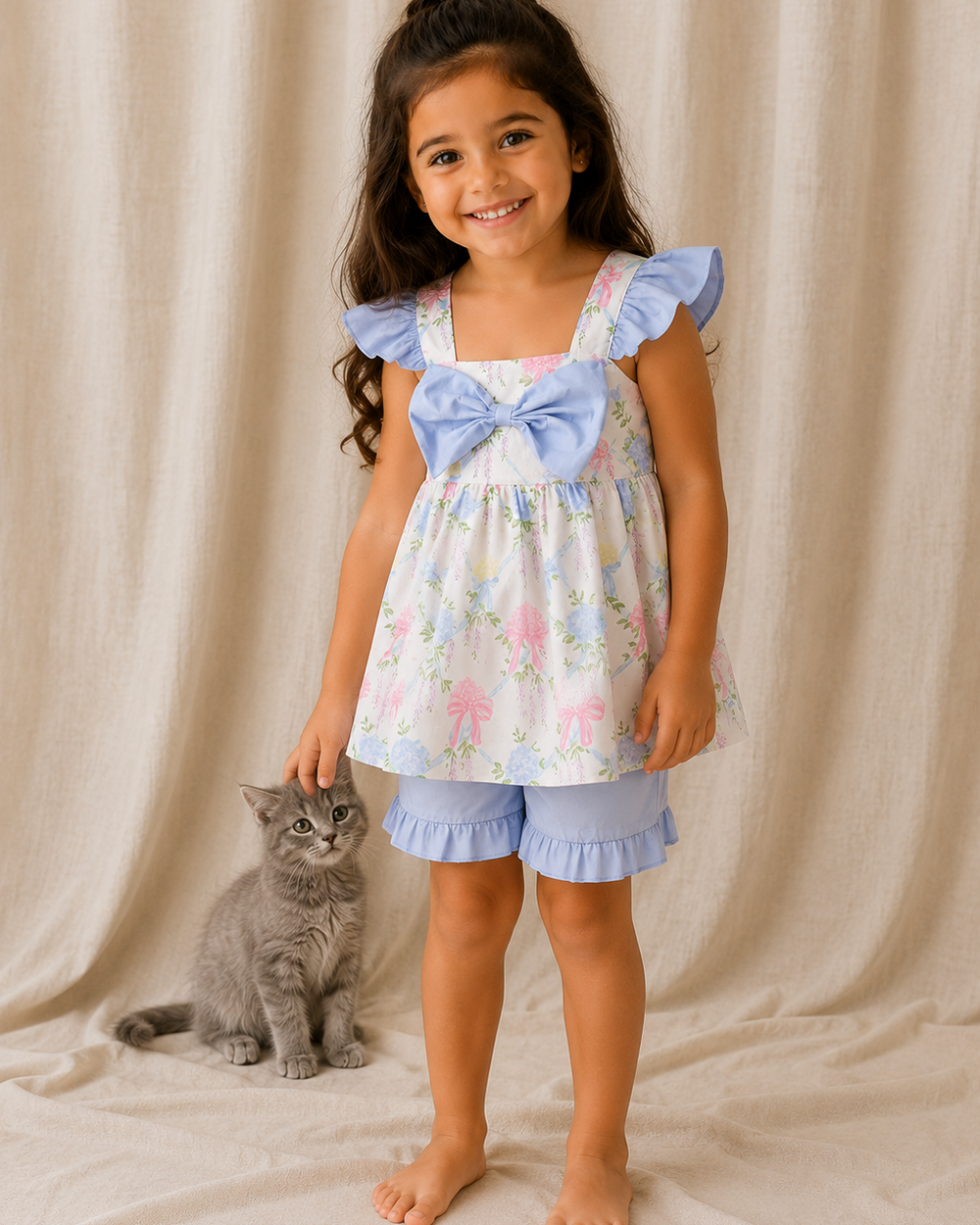 Young girl in a floral dress with ruffled sleeves and shorts standing next to a cat on a beige fabric background
