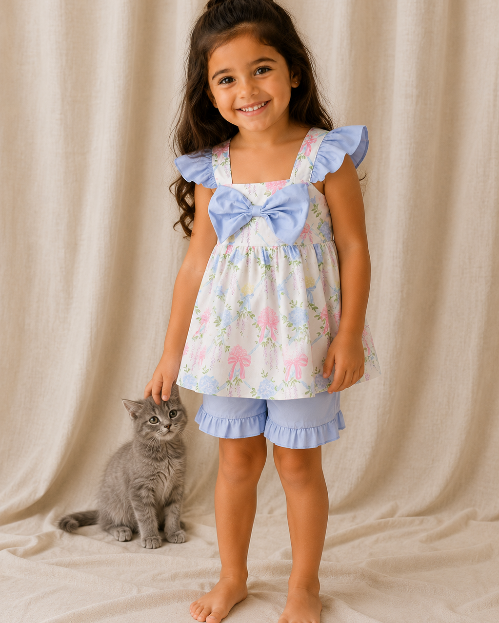 Young girl in a floral dress with ruffled sleeves and shorts standing next to a cat on a beige fabric background