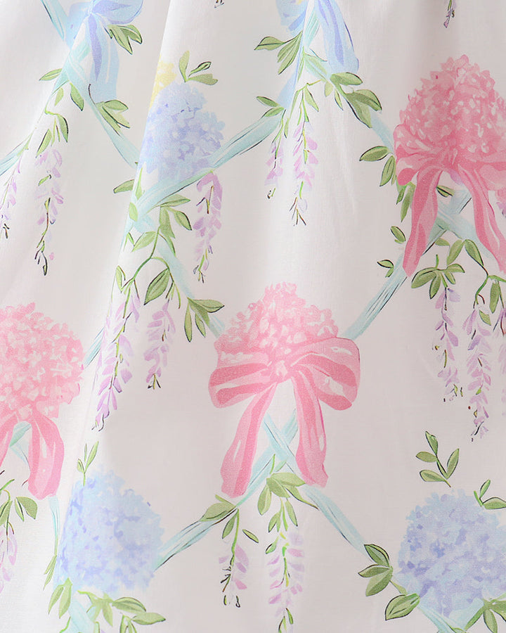 Decorative design with pink and blue flowers on a light background