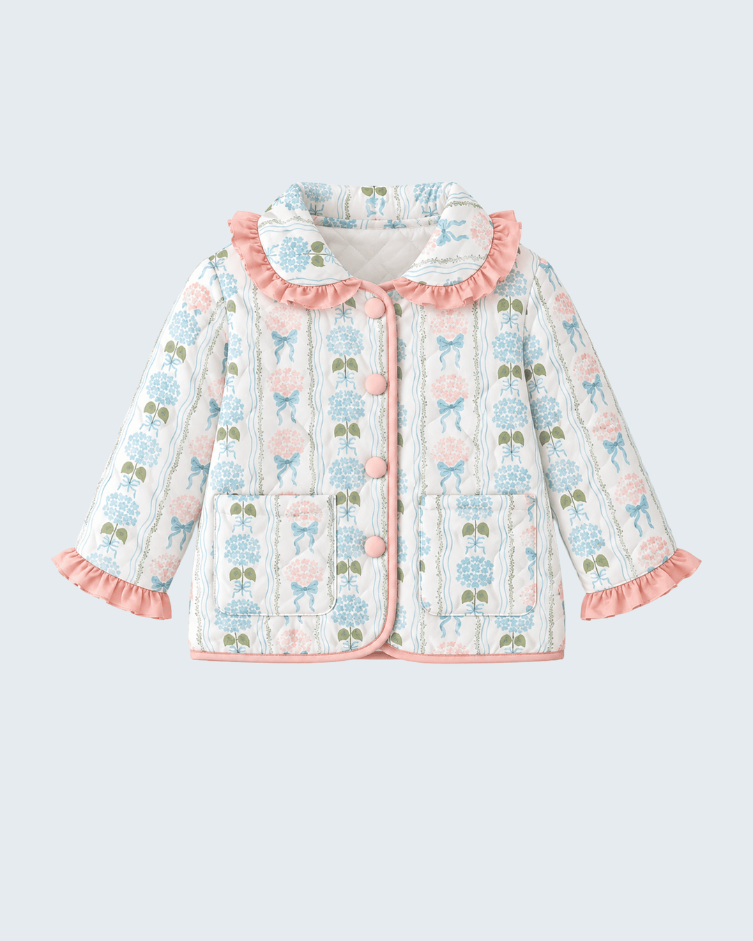 Quilted ruffle-collar jacket with pastel floral print and button front