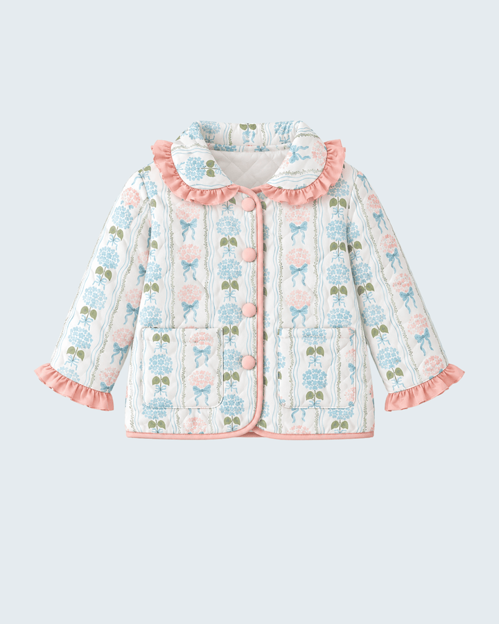 Quilted ruffle-collar jacket with pastel floral print and button front