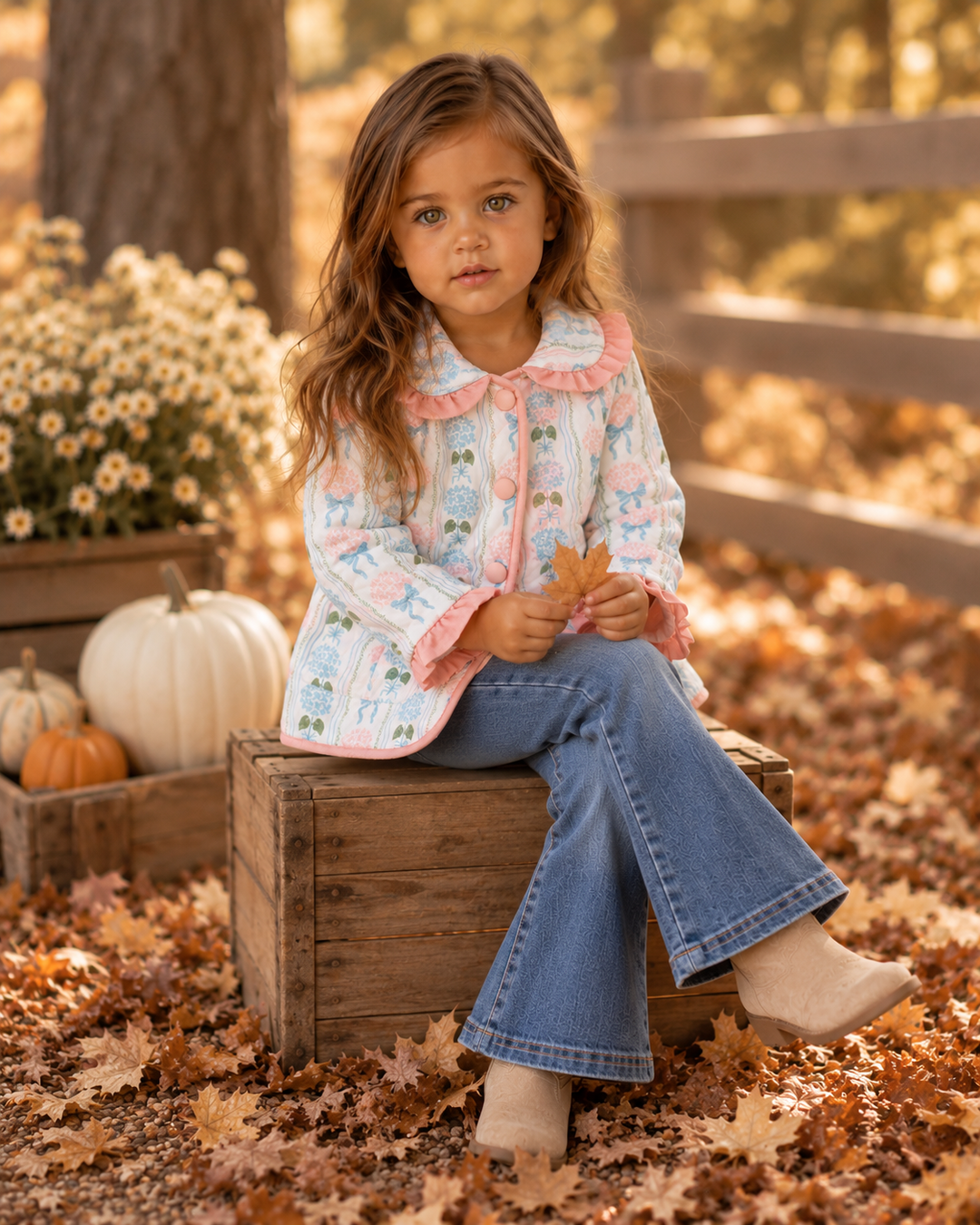 Girls quilted floral jacket with ruffle collar, button front, and long sleeves