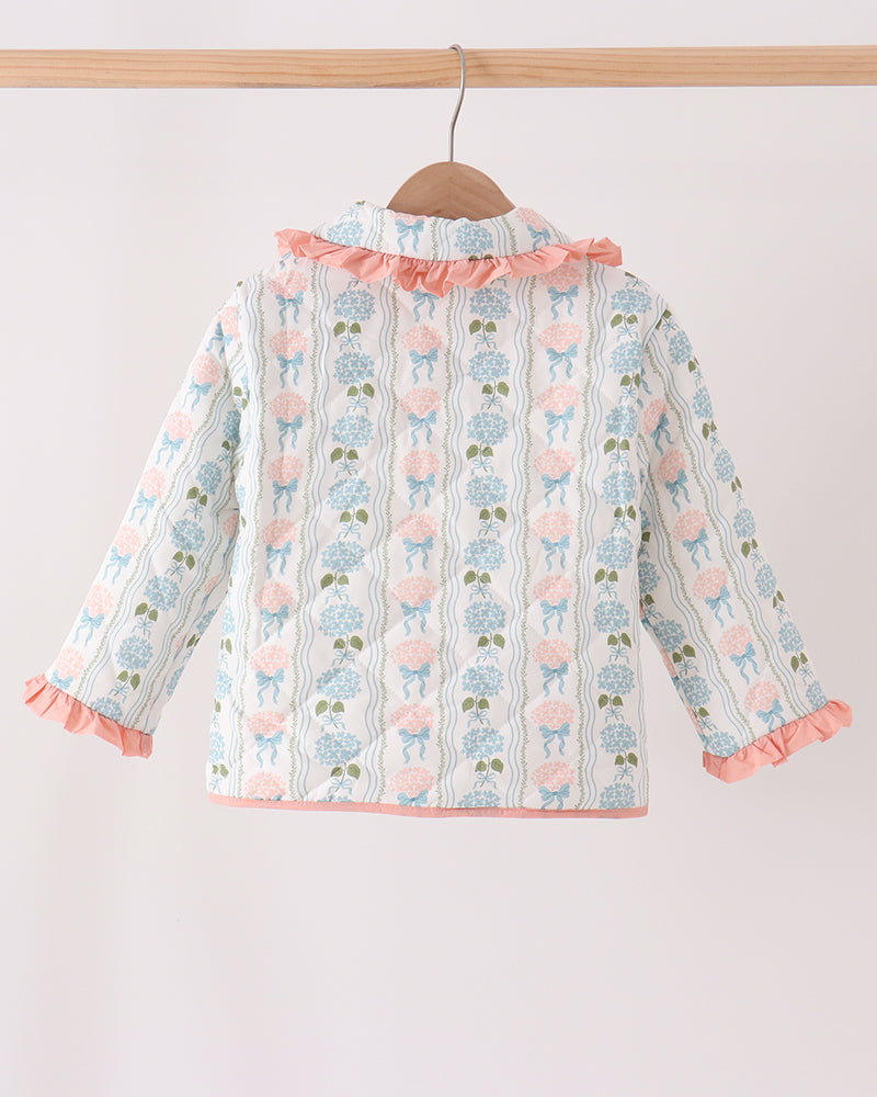 Blue floral ruffle jacket with long sleeves and pink button front, back view