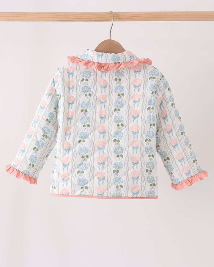 Blue floral ruffle jacket with long sleeves and pink button front, back view