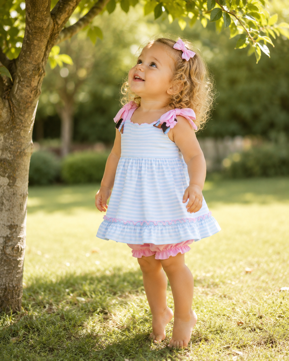 Young girl in a light blue dress with pink accents standing under a tree in a park.