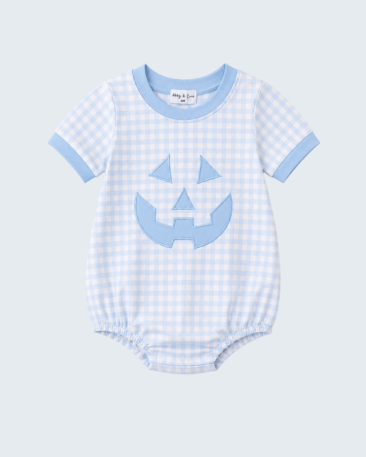 Light blue gingham baby bubble romper with jack-o-lantern applique and short sleeves