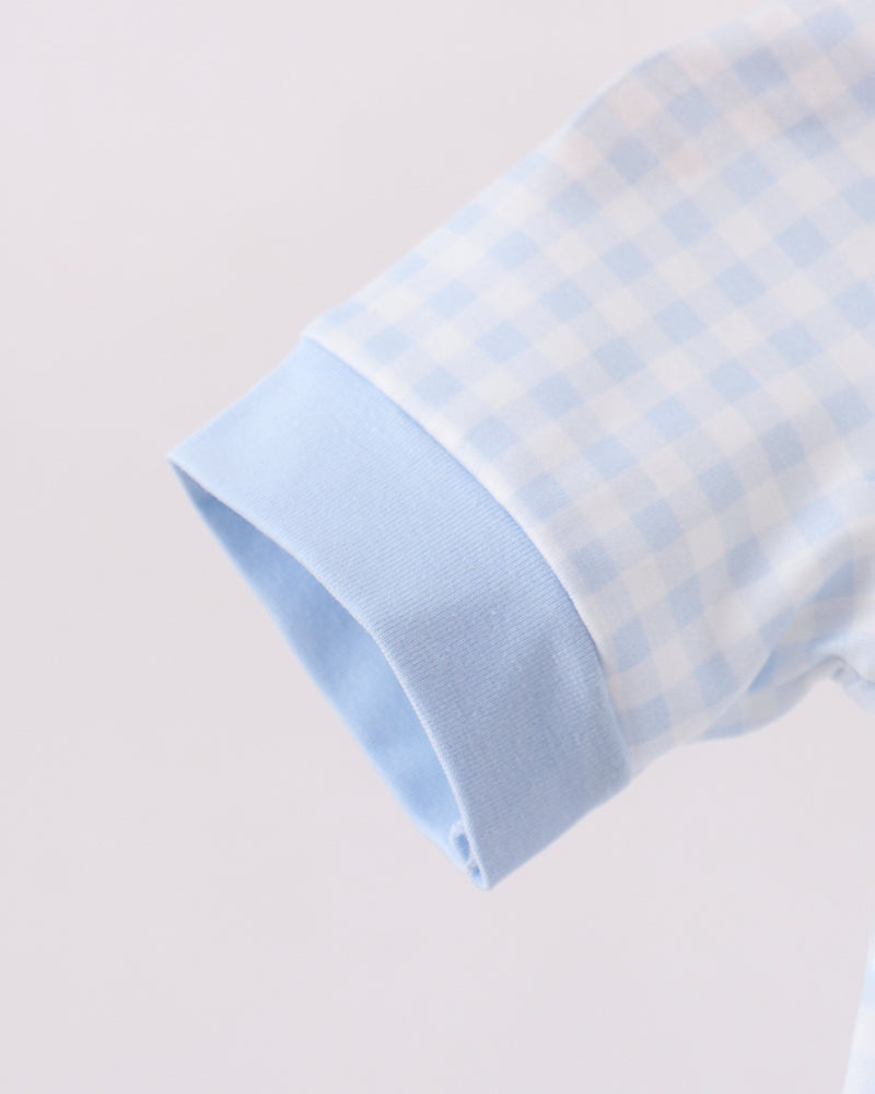 Light blue gingham bubble romper short sleeve with elastic cuff