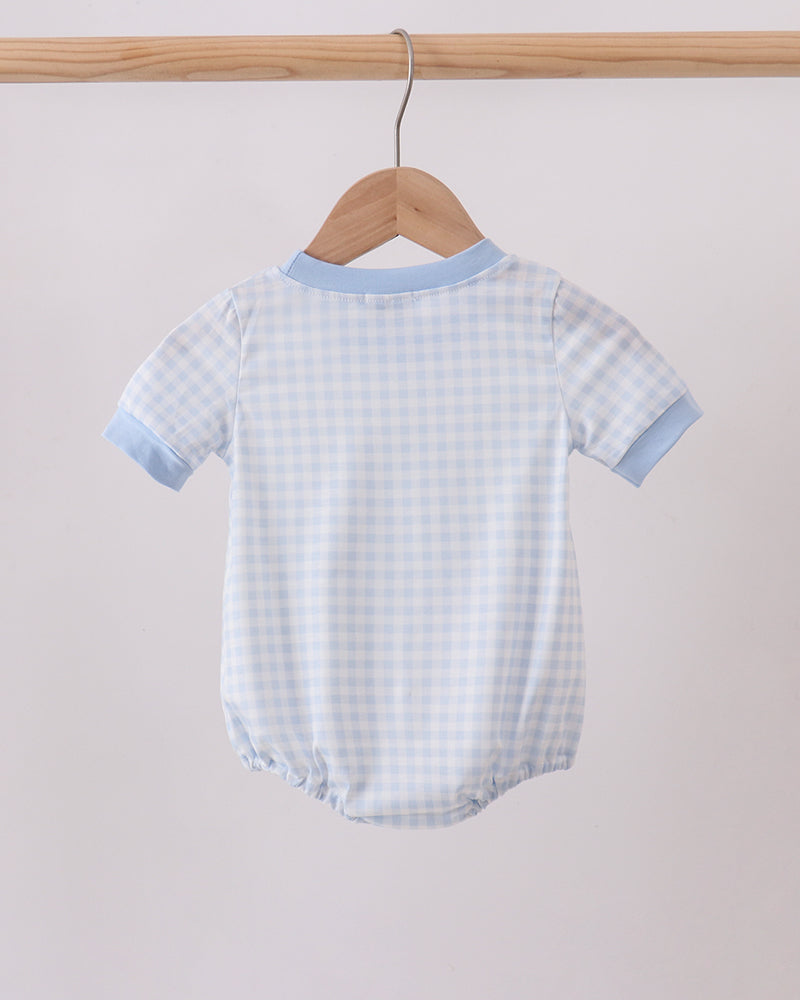 Light blue gingham baby bubble romper with rounded neckline and short sleeves