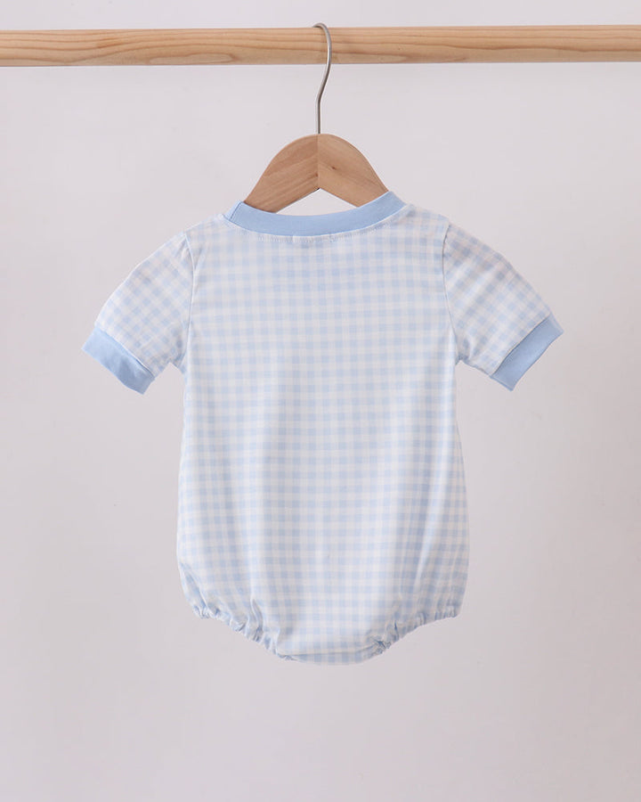 Light blue gingham baby bubble romper with rounded neckline and short sleeves