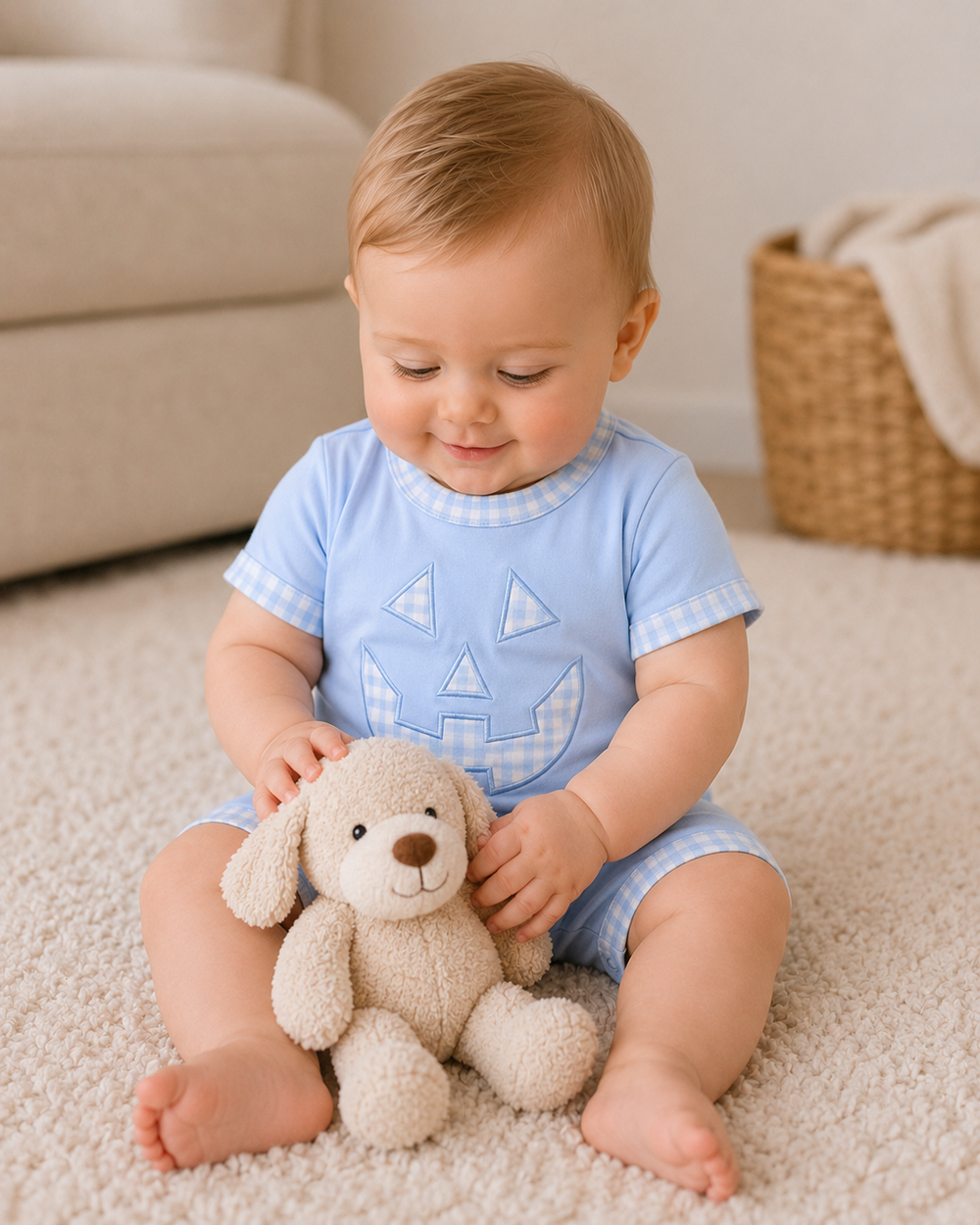 Light blue baby romper with jack-o-lantern applique and short sleeves
