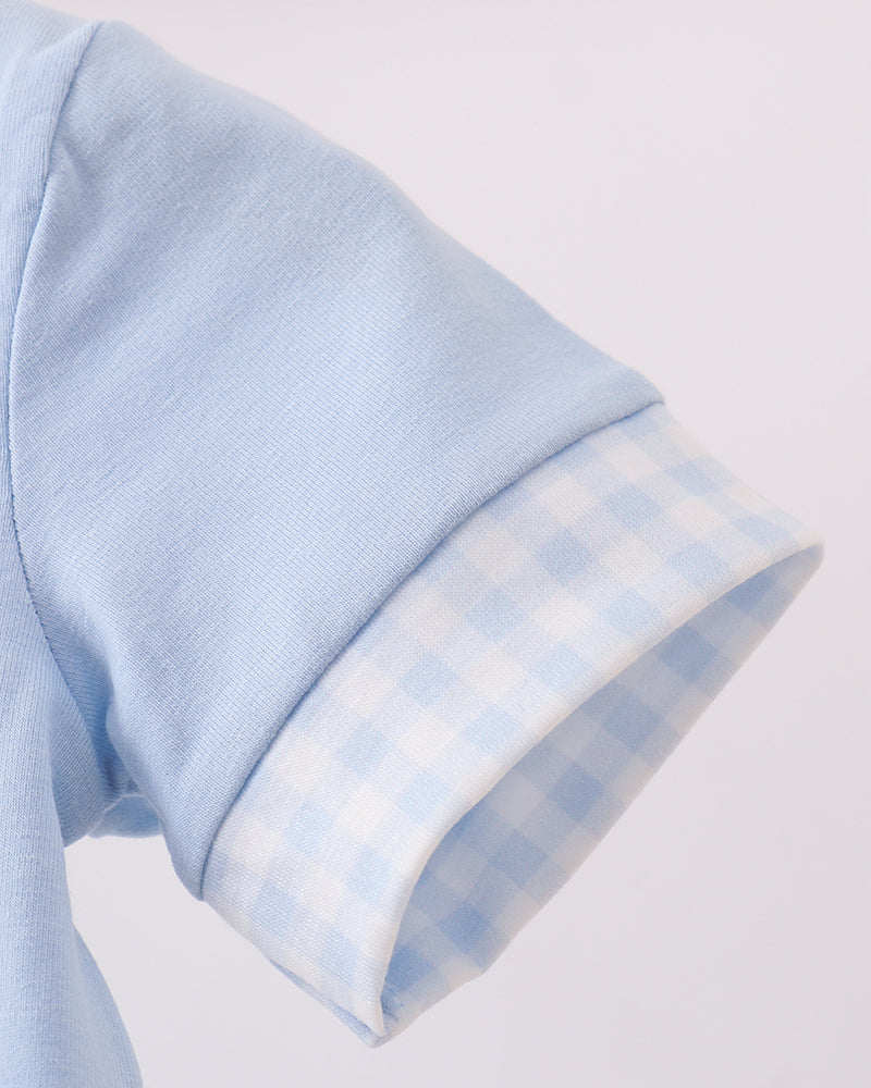 Light blue romper sleeve with pale blue checkered cuff