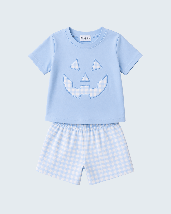 Light blue T-shirt and plaid shorts set with jack-o-lantern applique