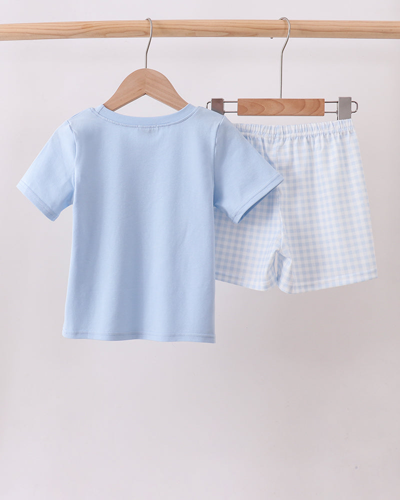 Light blue kids T-shirt and light blue gingham shorts set on hangers