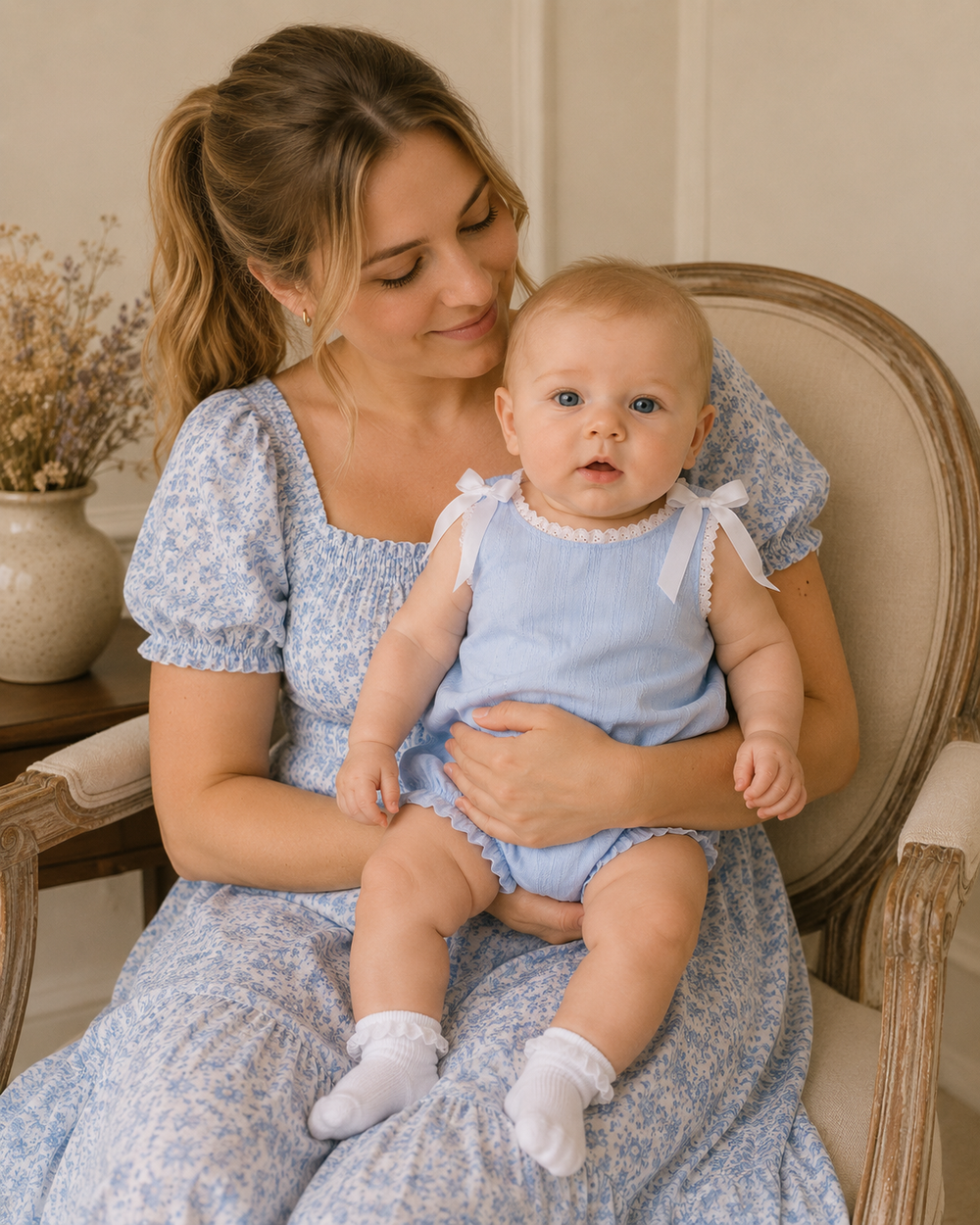 A woman in a light blue floral dress holds a baby wearing a matching light blue sleeveless romper with white lace trim and white socks, seated in a vintage-style chair.