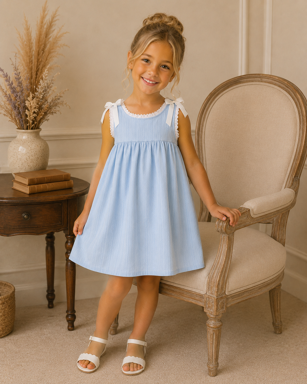 A young girl with blonde hair in a bun stands in a vintage room setting, wearing a light blue gingham baby dress with white ruffle shoulder straps and white sandals. She is posed next to a classic upholstered armchair.