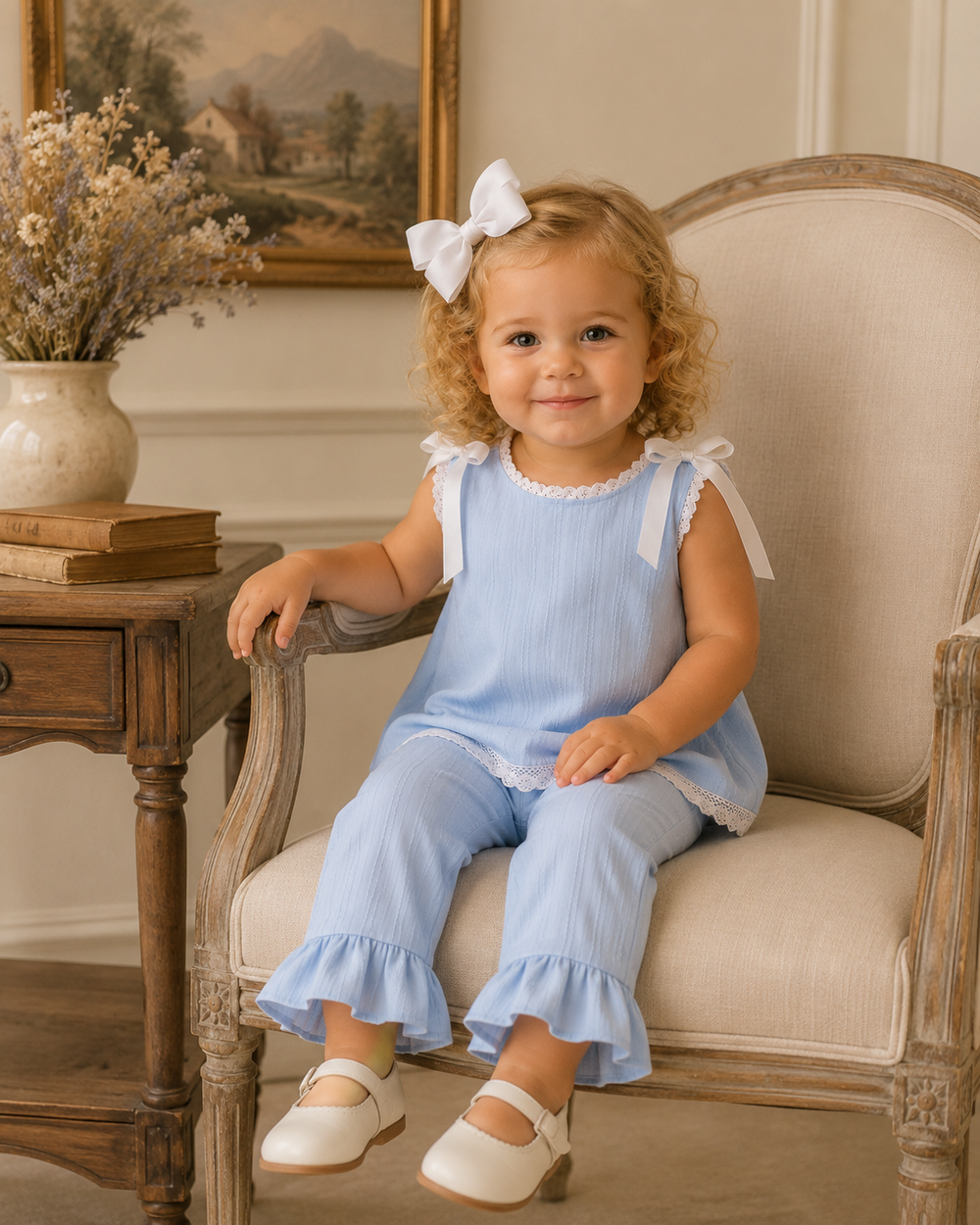 A young toddler girl with curly blonde hair sits in a beige armchair wearing a light blue ruffled two-piece outfit with white bow details and white Mary Jane shoes. She has a white bow on her head.