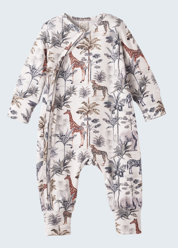 Jungle Safari Bamboo Zipper Romper with Convertible Cuffs
